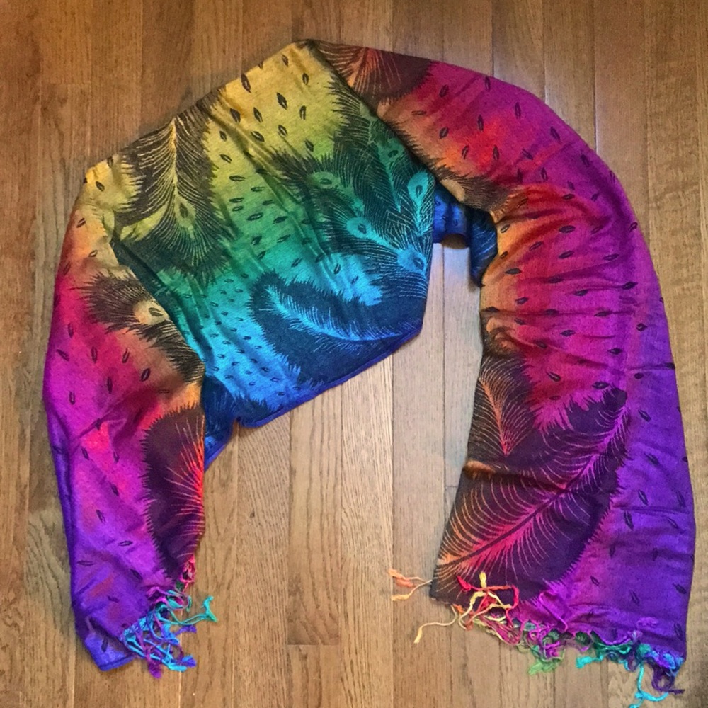 Multi-color rainbow peacock feather pattern viscose and acrylic scarf